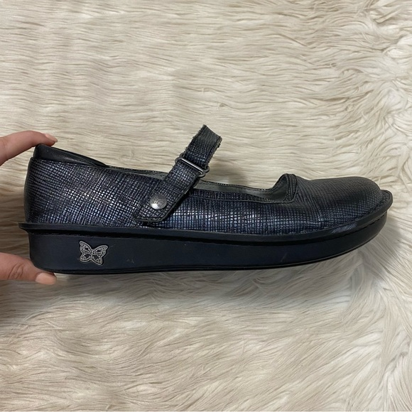 Alegria Belle Black Metallic Grid Silver Mary Jane Wide Toe Box Comfort Shoes - Picture 4 of 10